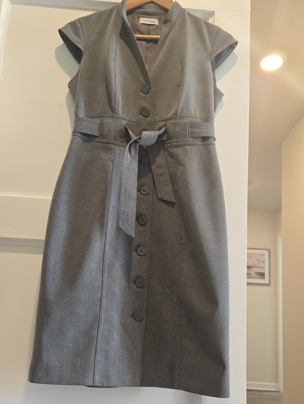 Calvin Klein Gray Button-Front Belted Midi Dress